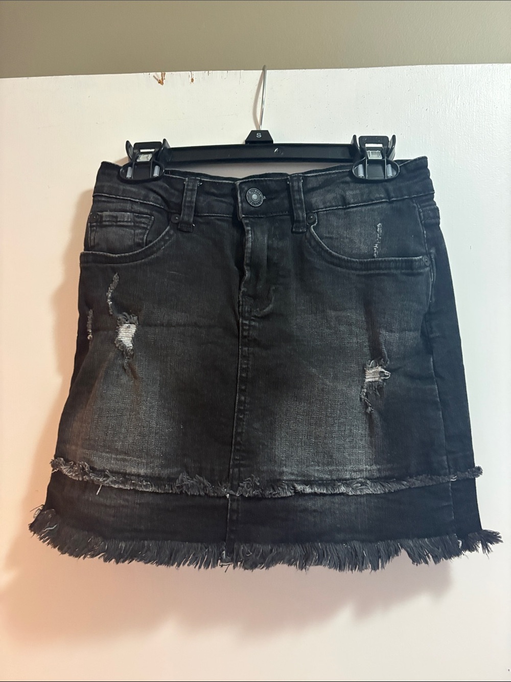 7 For All Mankind Black Distressed Denim Mini Skirt